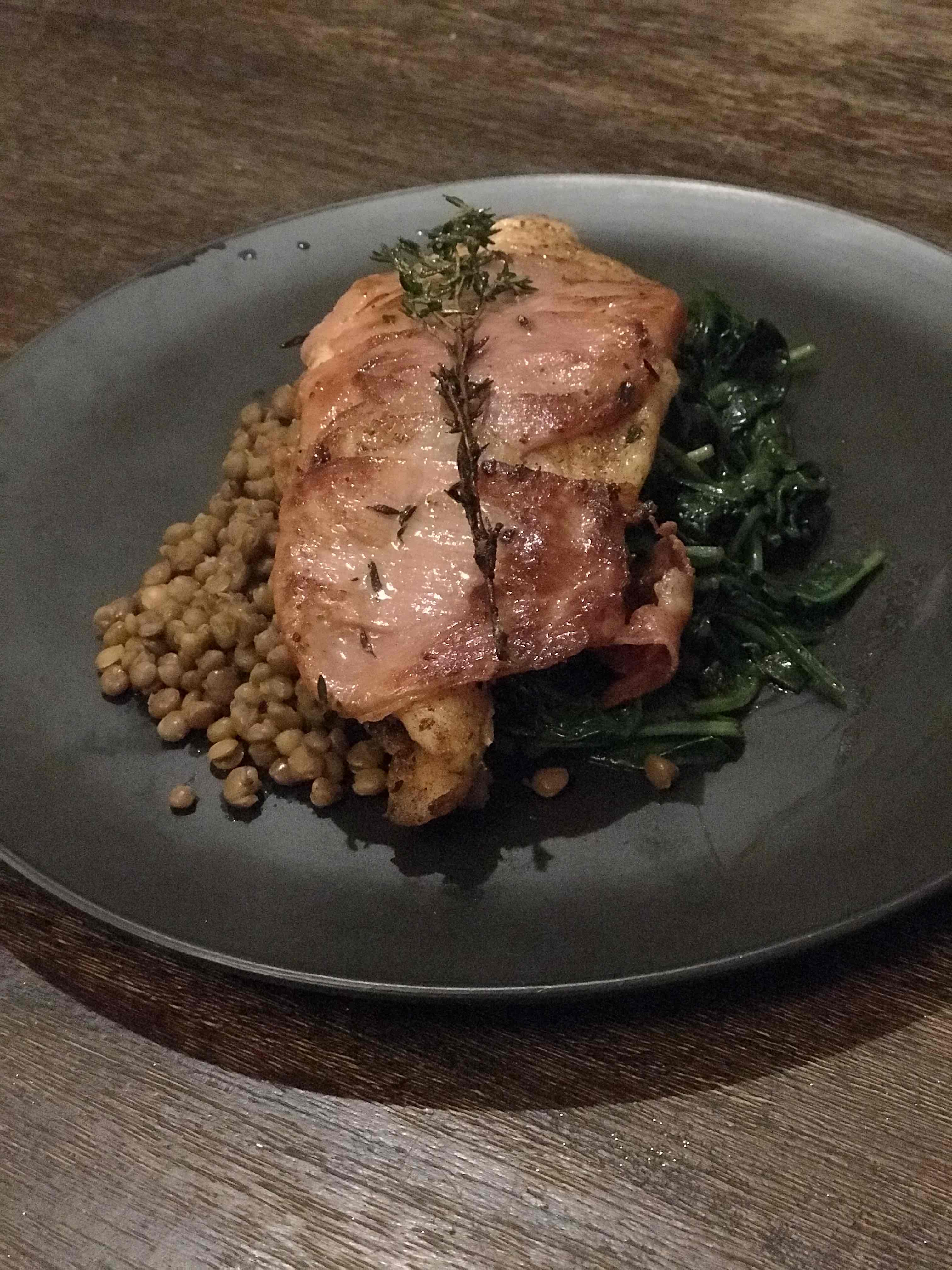 Prosciutto wrapped Jerk Fish with Spinach and Lentils – Little Brixton