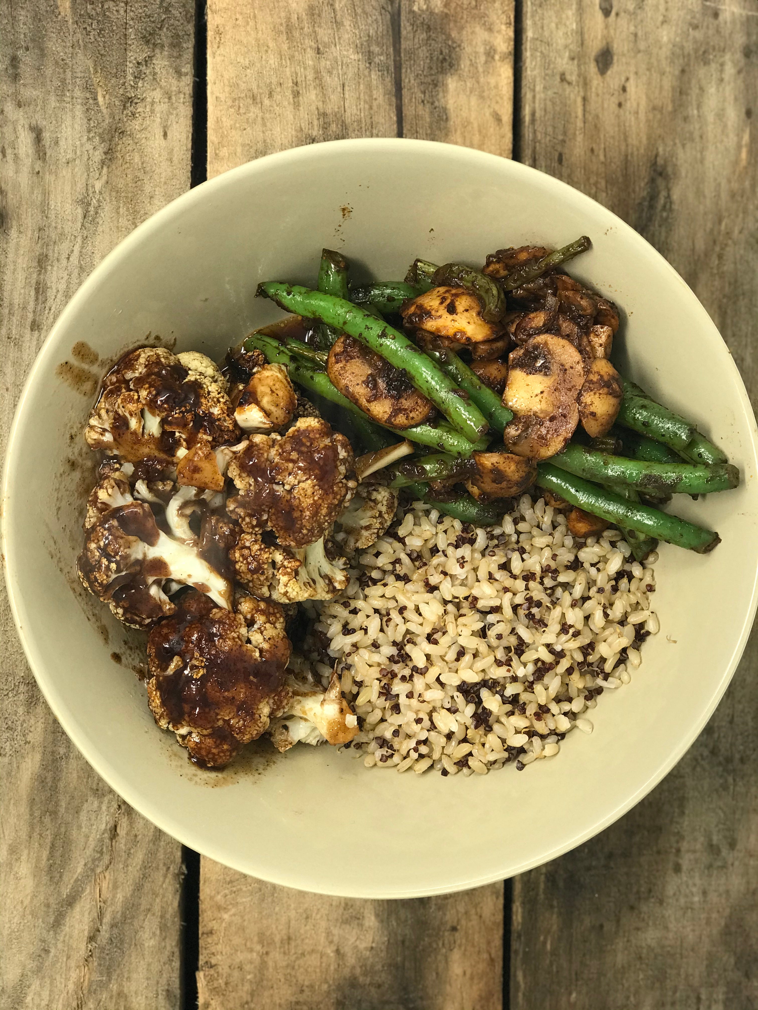 Roast Rum & BBQ Cauliflower with spicy green beans and mushrooms – Little Brixton