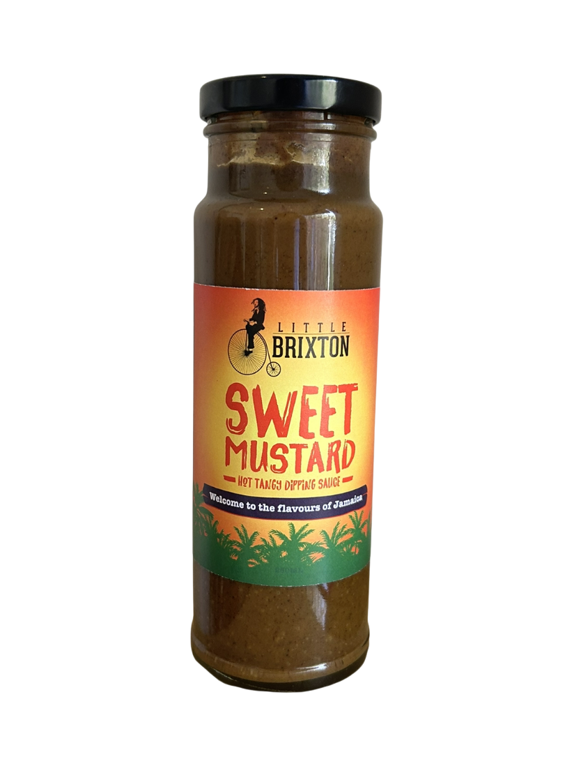 Little Brixton Sweet Mustard sauce in a glass bottle with a vibrant orange and green Jamaican-inspired label.