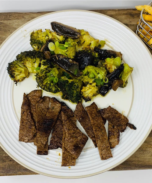 Jerk Sizzle Steak with Roasted Mushrooms and Broccoli