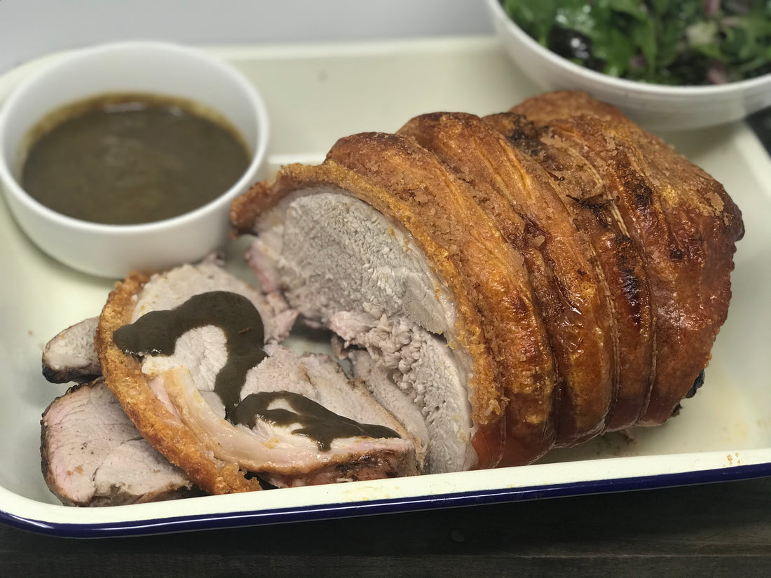 Roast Pork with Jerk Mustard and Green Herb Salad