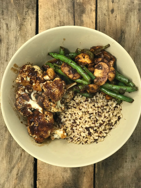 Roast Rum & BBQ Cauliflower with spicy green beans and mushrooms