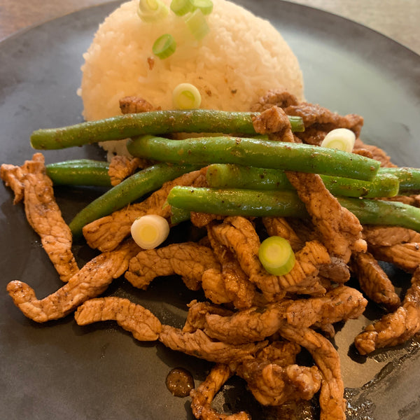 Pan Fried Pork Sizzle Steak with Green Beans